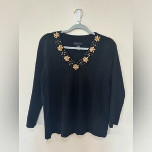 Pointelle Silk Blend Women’s Black Sweater Jeweled Neckline Vintage Fall L